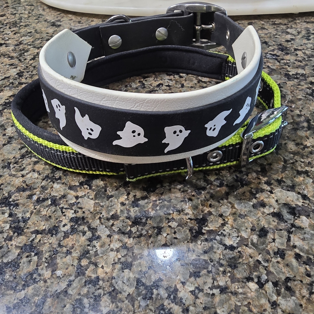 Ghost Design Dog Collar L/XL - Black, White, and Green Collar As A Bonus